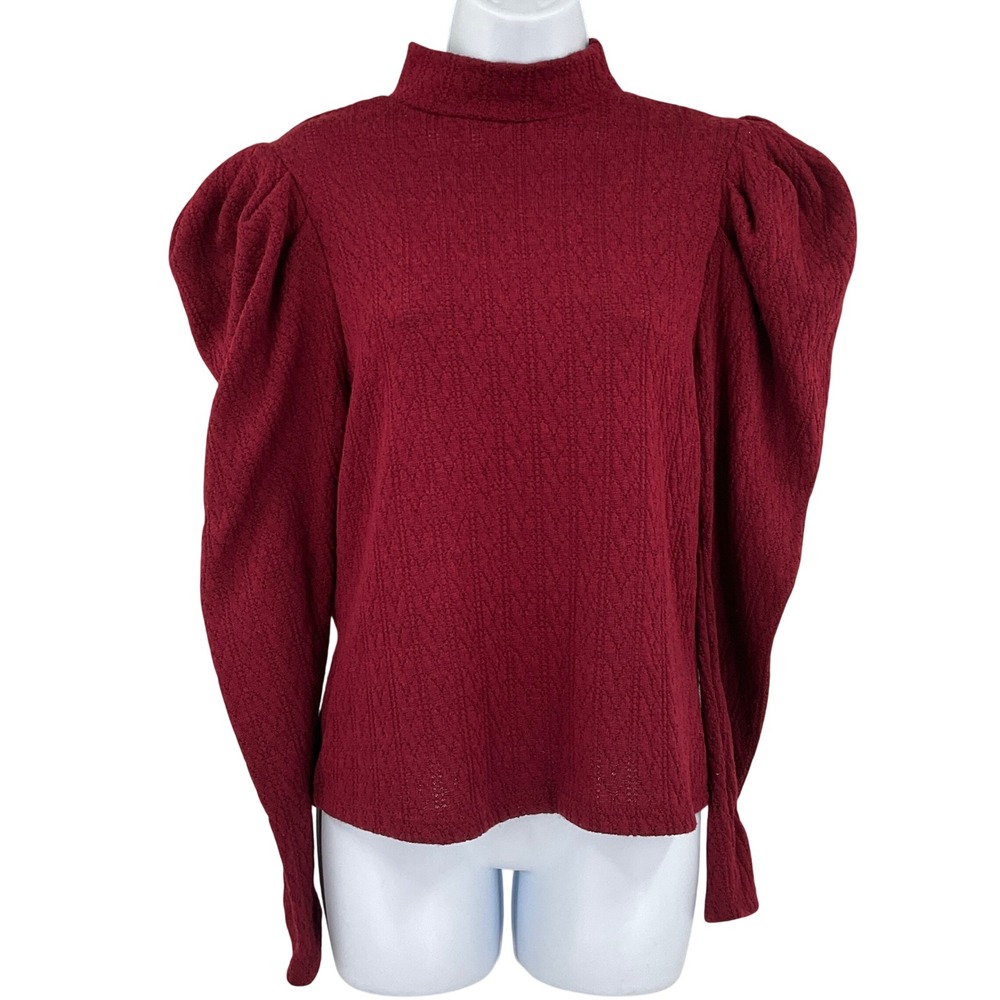 Haute Monde Top Sz L Burgundy Puff Shoulder Mock Neck Textured‎ Victorian Goth